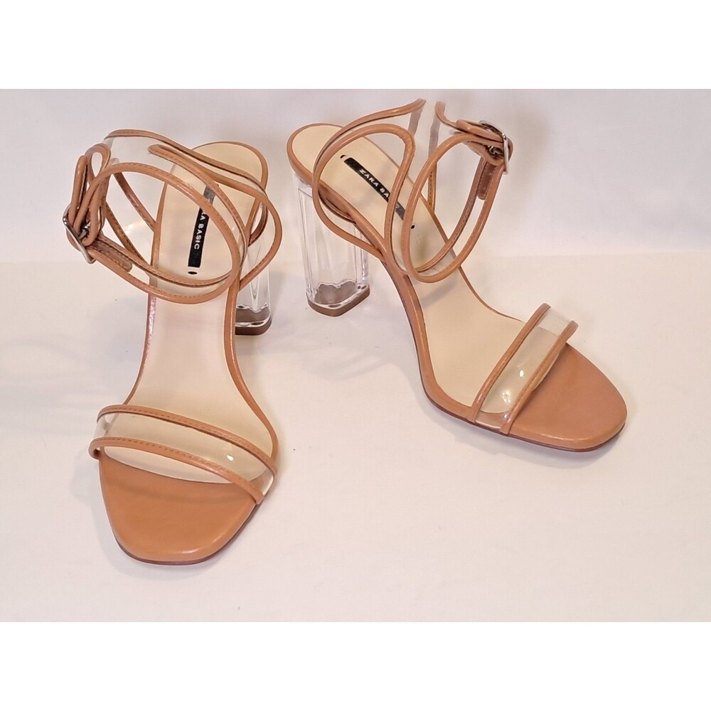 Zara Basic Clear Tan 3.75" Block Heel Sandal Ankle Strap Dust Bag 37 EU/6.5 US